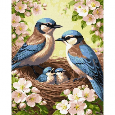 Картина по номерам "Семья синиц среди цветущих цветов" KHO6941, 40х50 см