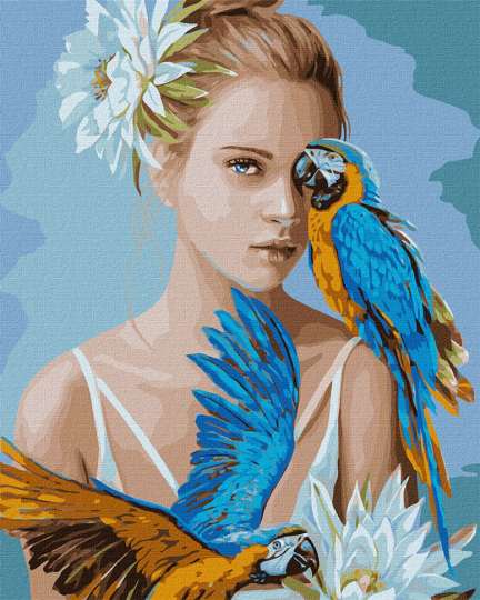 Картина за номерами. Ідейка "Дівчина з блакитними папугами" 40х50см KHO4802