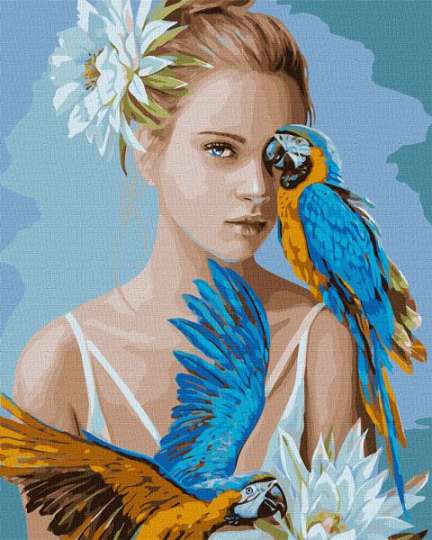 Картина по номерам - Девушка с голубыми попугаями ©Ira Volkova Идейка 40х50 см (KHO4802)