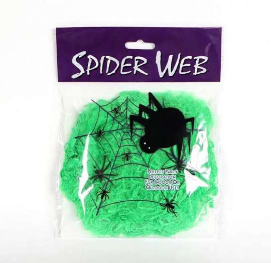 Паутина с пауками на Хэллоуин 13650 салатовая 20 г 2 паука
