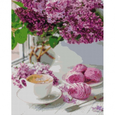 Алмазная мозаика "Сирень и кофе" DBS1106, 40x50 см