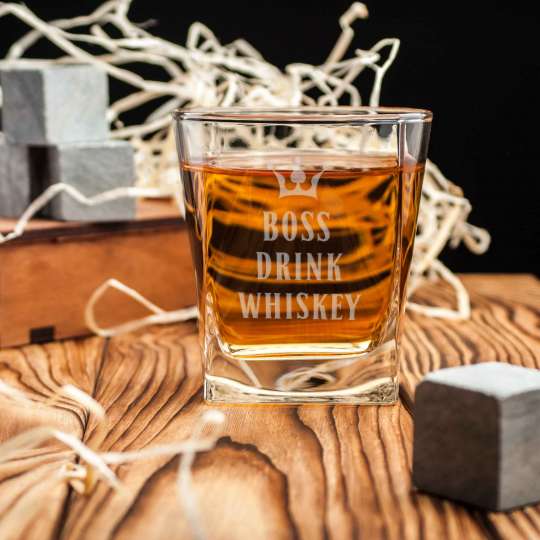 Стакан для виски квадратный "Drink whiskey", англійська, Дерев'яна подарункова коробка