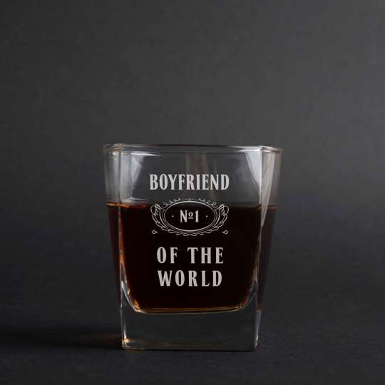 Стакан для виски "Boyfriend №1 of the world", англійська, Дерев'яна подарункова коробка з гравіюванням
